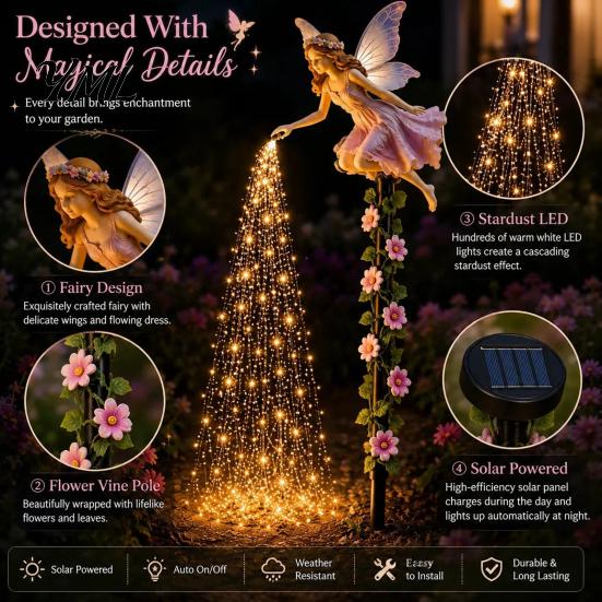 Automatic Dusk to Dawn Lights Fairy Sprinkling Magic Dust Solar Garden Light, Outdoor Front Yard Weather Resistant Decor Statue with LED Light String,