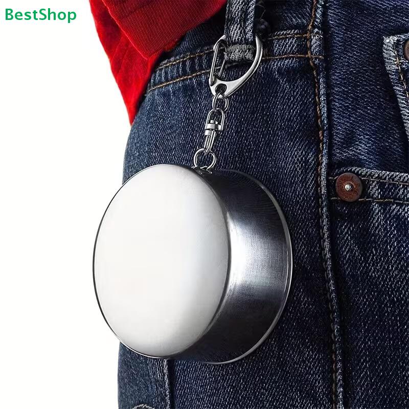 Collapsible Stainless Steel Shot Glass - Foldable Pocket Cup with Keychain, Portable Drinking Cup for Travel/Outdoor