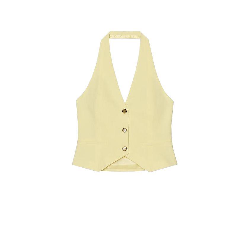 Hanging Collar Vest-Style Tops Vest 2010832 Pairs of Pleated High Waist Simple Graceful Casual Pants 4661428