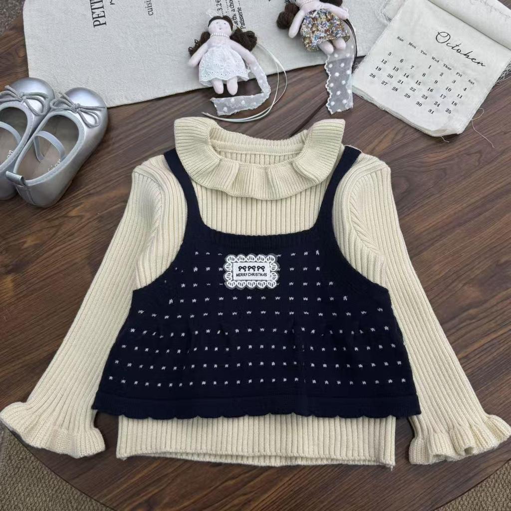 Girls' Autumn/Winter Faux Two-Piece Sweet Knit Sweater with Small Lapel