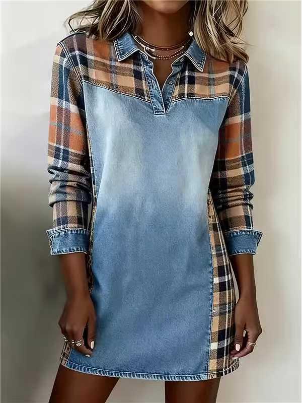 Cross-Border Patchwork Long Sleeve Casual Dress XXL небесно-голубой