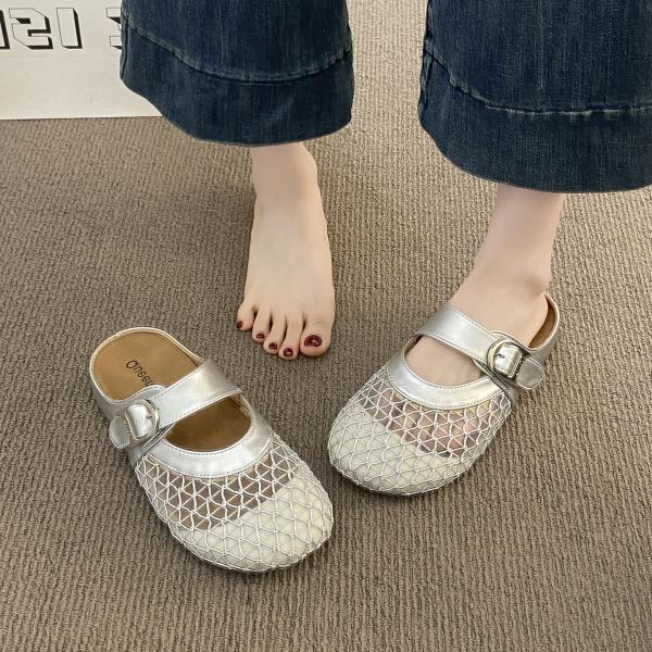 Fashion Cover Toe Fretwork Heels Women's Shoes Silver Female Slippers Slides 2025 Flat Summer Shoes Woman's Slippers Cover Toe Slides Fr
