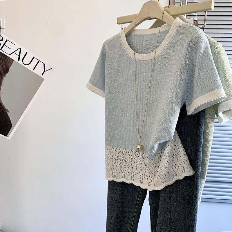 

Short-sleeved T-shirt women s summer new design contrasting color ice silk knitted top One size fits all синій
