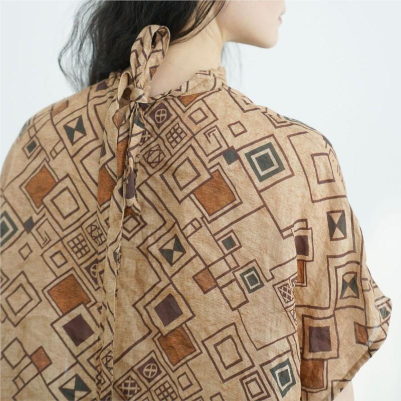 Johnature Women Vintage Plaid T-Shirts Bat Sleeve Summer Loose Female Soft Chinese Style Belt T-Shirts