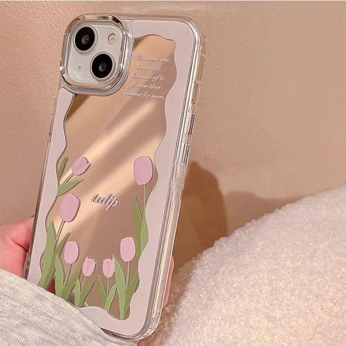 Spring Tulip Flower Makeup Mirror Phone Case for iPhone 17 Pro/13