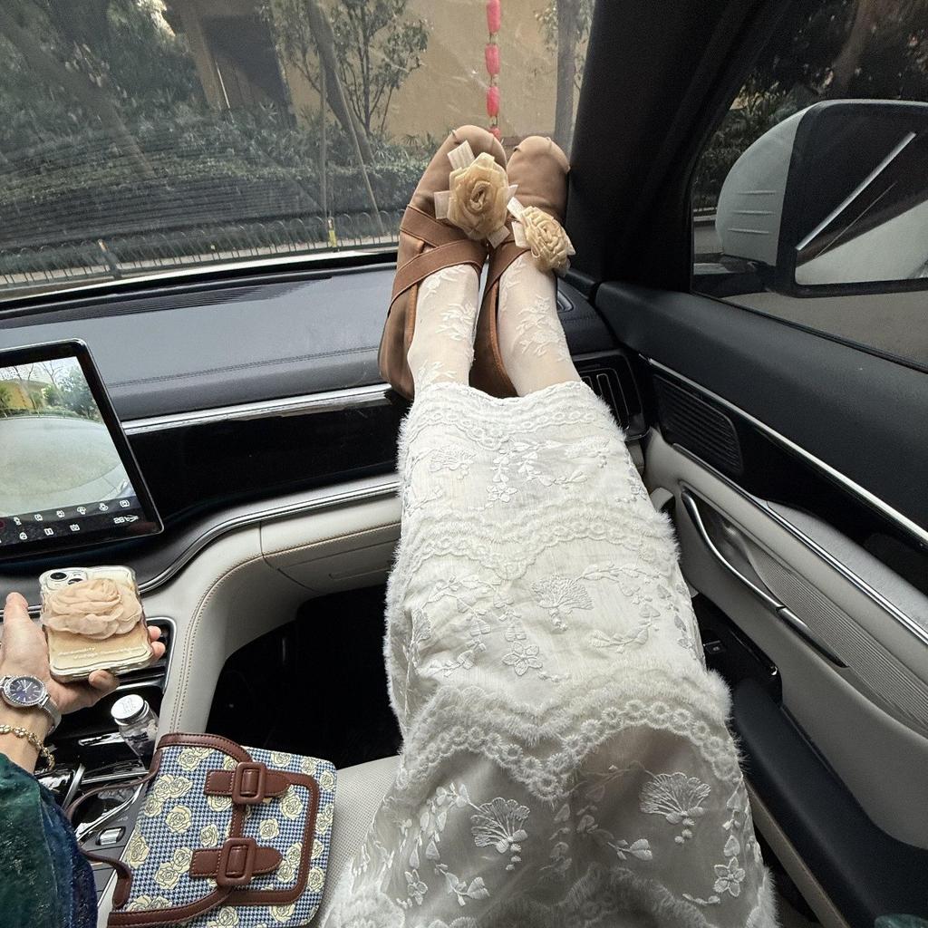 Inner heightening version~ Leather platform ballet shoes women's flower thick heel Mary Jane single shoes wedge heel high heels ladyshoes