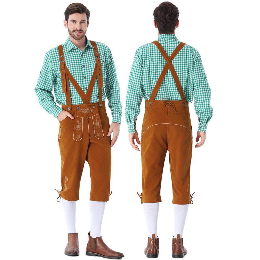 Men's German Bavarian Oktoberfest Costume Set Long Sleeve Plaid Shirt with Suspenders Pants, 2-Piece Outfit