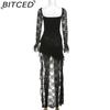 BITCED Autumn Women's Solid-Colour High-Waisted Fashion Square-Neck Long-Sleeved Lace-Panel Dress