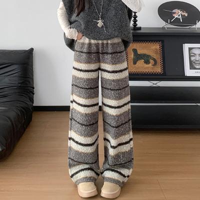 Women's Autumn Winter Lazy Style Fleece Striped Wide Leg Pants High Waist Drape Slim Casual Straight Trousers
