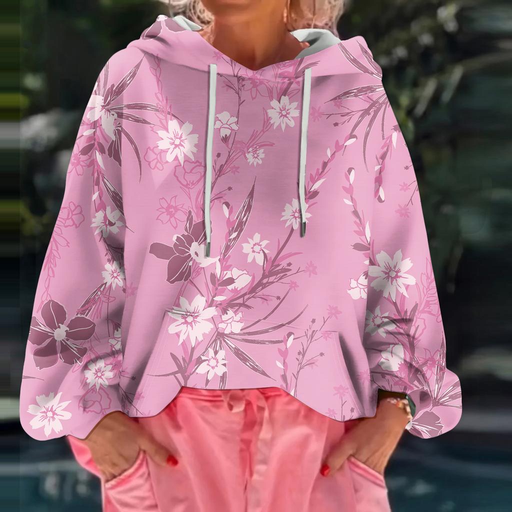 Women's Floral Print Loose Casual Long Sleeved Hooded Sweatshirt