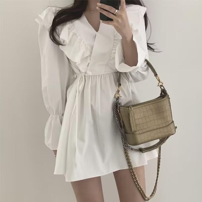Spring Autumn Vintage V-neck Ruffles Waist Mini Dress Women Flare Long Sleeve Casual Fashion Robe Vestidos