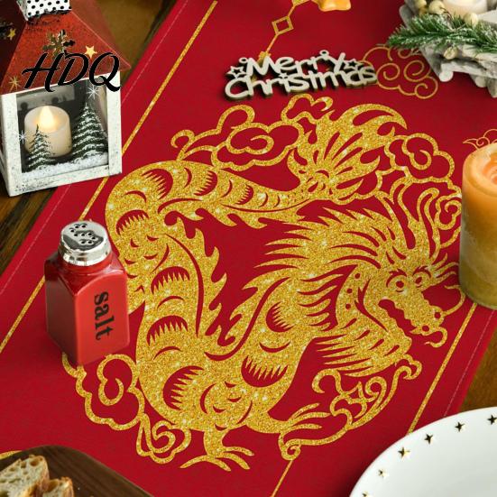 Chinese Dragon New Year Theme Table Runner Foldable Firm Print Thick Stitching Sequin Happy Decoration
