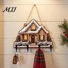 Key Hanger for Wall 2D Flat Christmas Wooden Rack, Hanging Holder with 4 Storage Entrance Hooks, Holiday Plaque Rope Home Decor