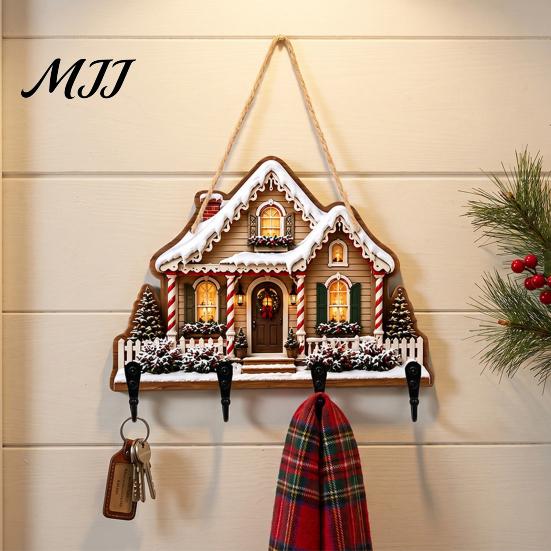 Key Hanger for Wall 2D Flat Christmas Wooden Rack, Hanging Holder with 4 Storage Entrance Hooks, Holiday Plaque Rope Home Decor