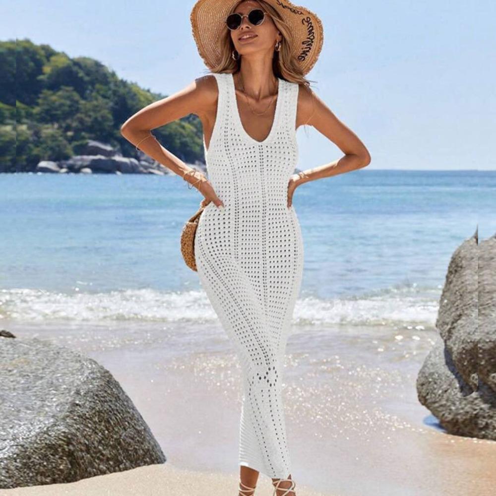 Damen V-Ausschnitt Ärmelloses Maxikleid Normale Passform Strandstil Häkelmuster Durchbrochener Überwurf