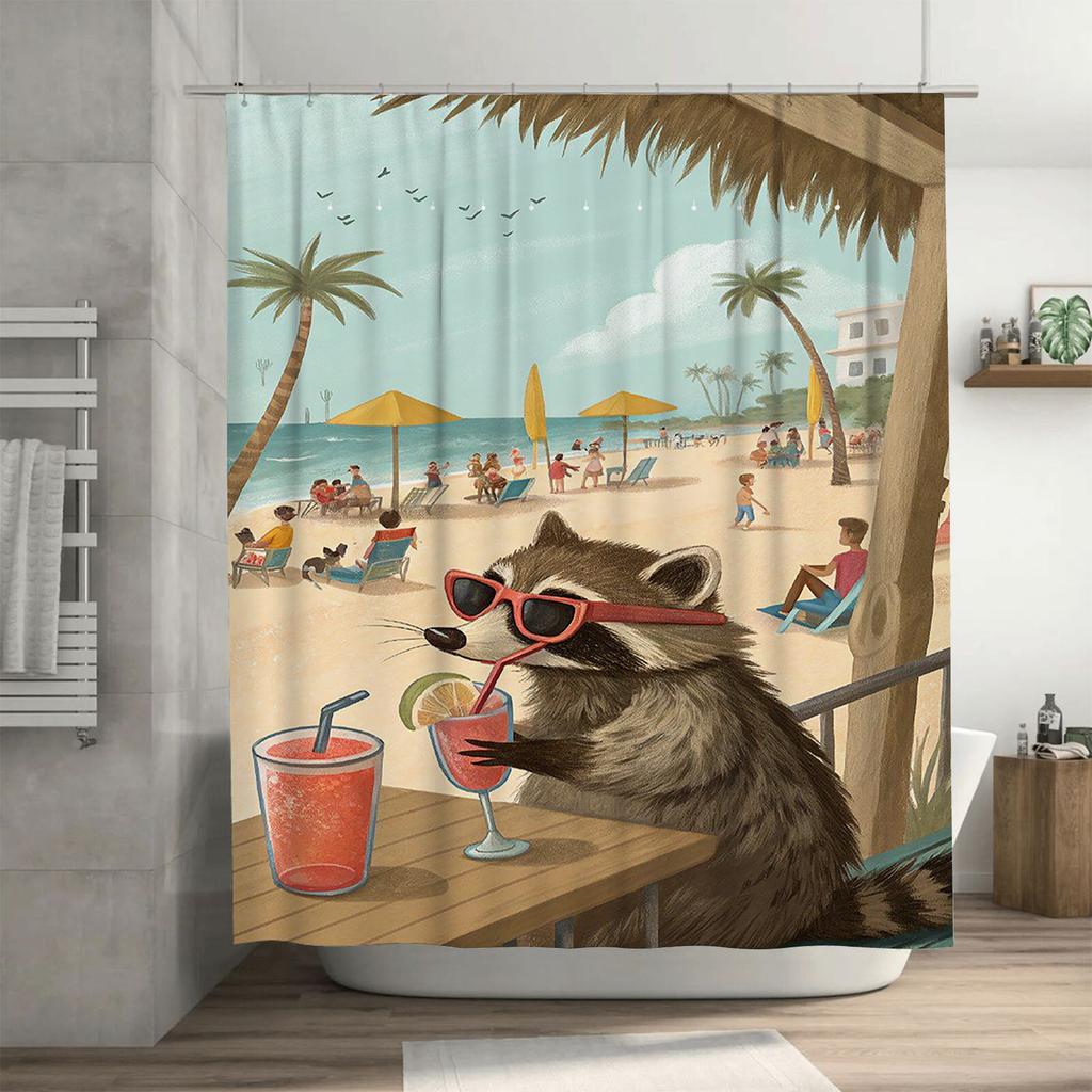 Cool Raccoon at the Beach Waterproof Shower Curtain Heat Resistant Machine Washable Non-Transparent 180x180cm
