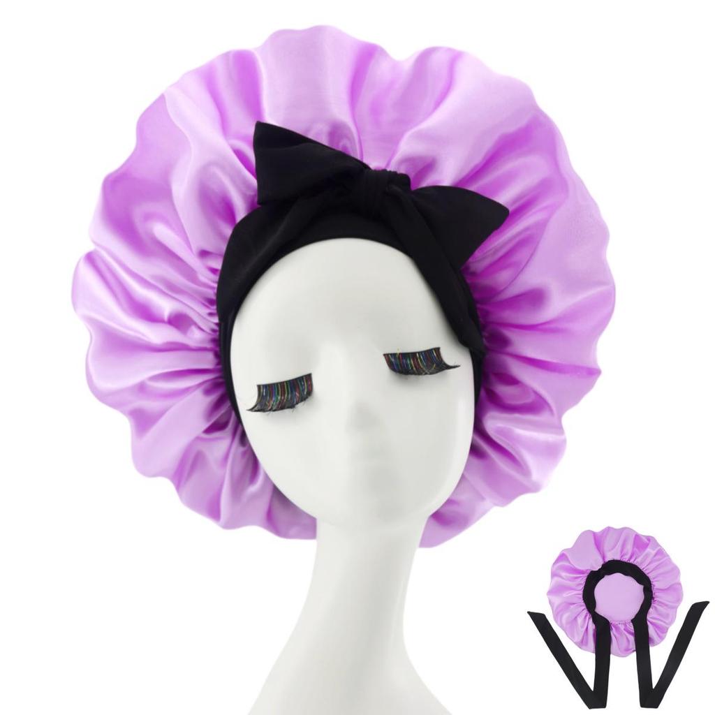 Touca de Dormir de Cetim de Seda com Laço de Fita para Mulheres - Touca Elástica de Aba Larga para Banho para Cuidados com o Cabelo