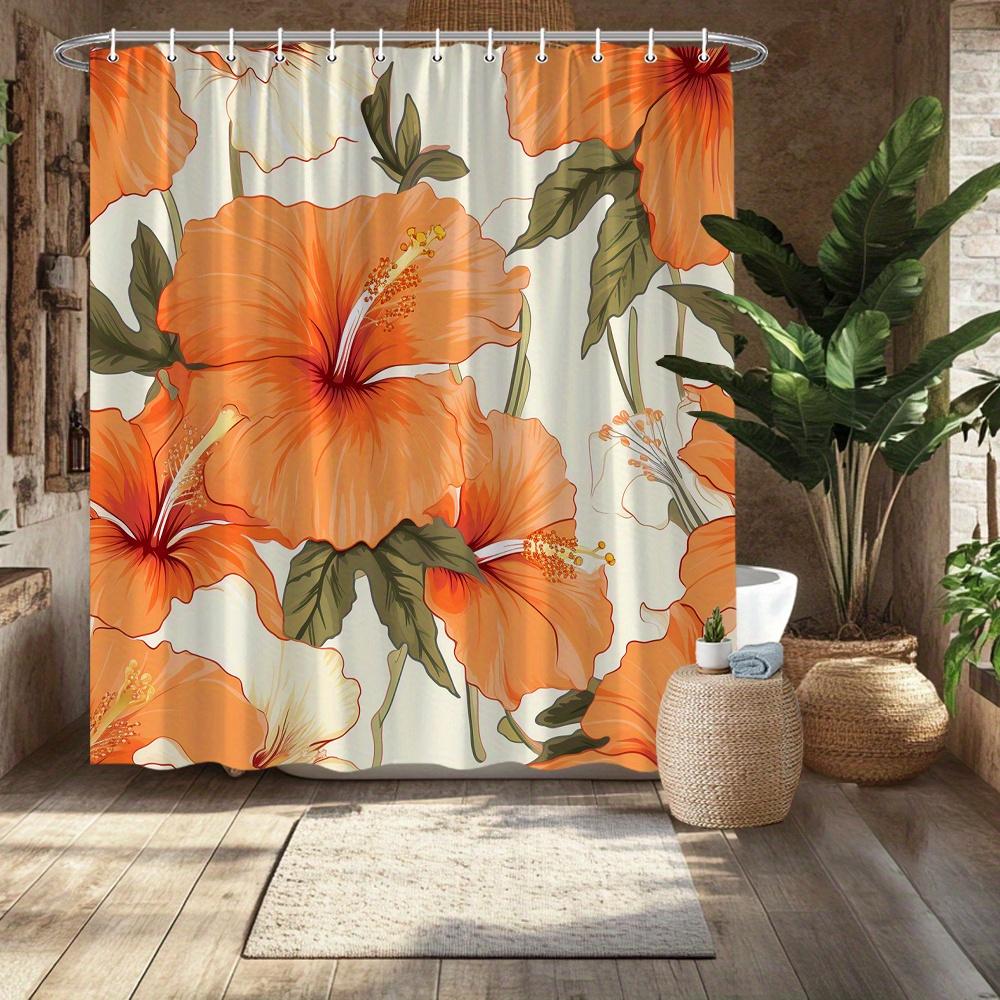 1pc Hibiscus Printed Shower Curtain - Vibrant Orange White Hibiscus & Green Leaves Botanical Design, 70.8x70.8 Inch Durable Po 90x180cm