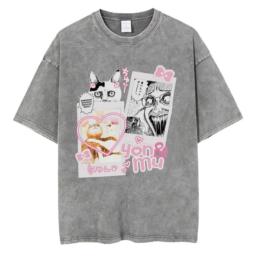 Anime Tomie Junji Ito Vintage Washed T-shirt Men Women Manga Horror Gothic Rock T Shirts Male Retro High Quality Cotton T-shirts