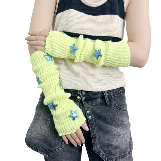 Knitted Arm Warmers Girls Fingerless Long Wrist Gloves Winter Star Arm Sleeves with Thumb Hole for Women Street Wear Parties