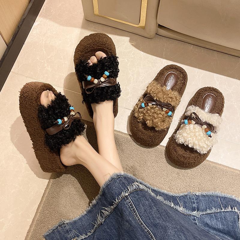 Thick-bottomed Imitation Lamb Wool Slippers Women's Outer Wear Velvet Warm Non-slip Internet Celebrity Autumn and Winter Fluffy Cotton Slippers
