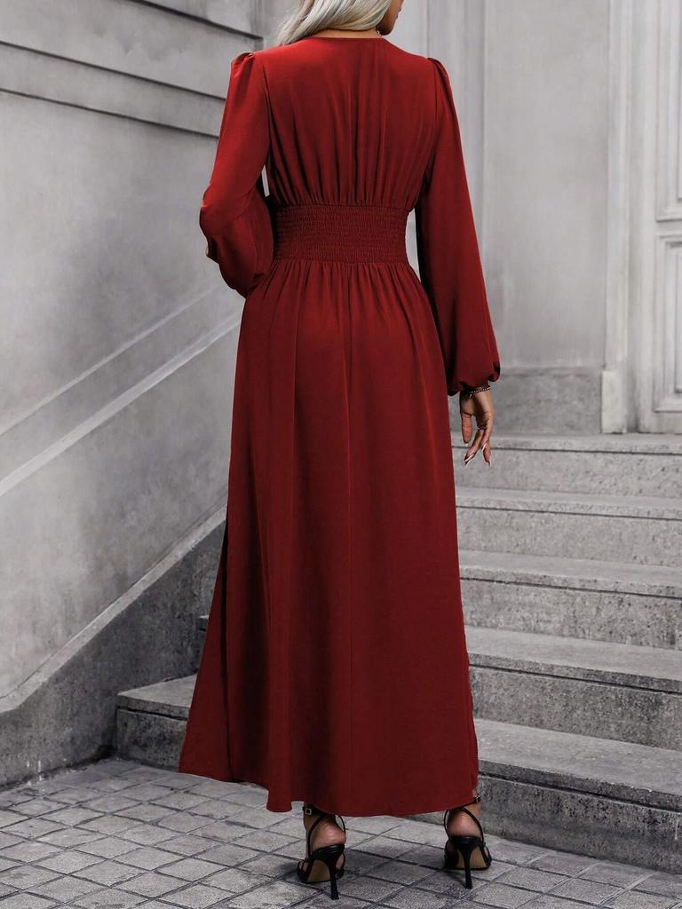 Abito da Donna Autunno/Inverno con Maniche a Lanterna e Spacco Alto in Nero, Blu Navy, Rosso Vino, Verde Militare e Stampa Leopardo