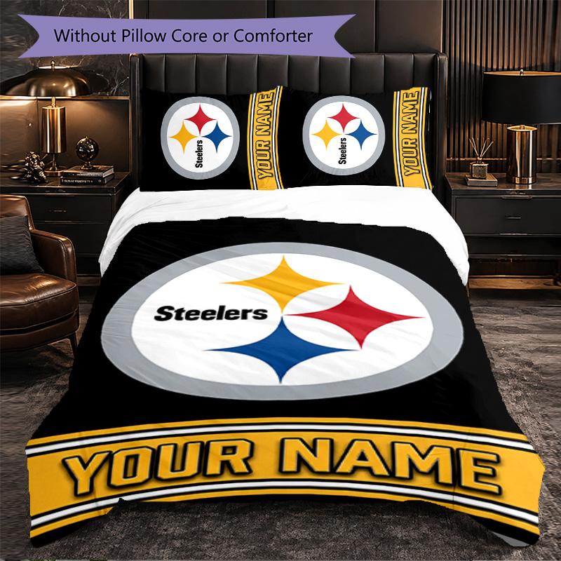 Pittsburgh Steelers Customized Name Text Bedding Set, 1 Duvet Cover & 2 Pillowcases Personalized Bedroom Gift