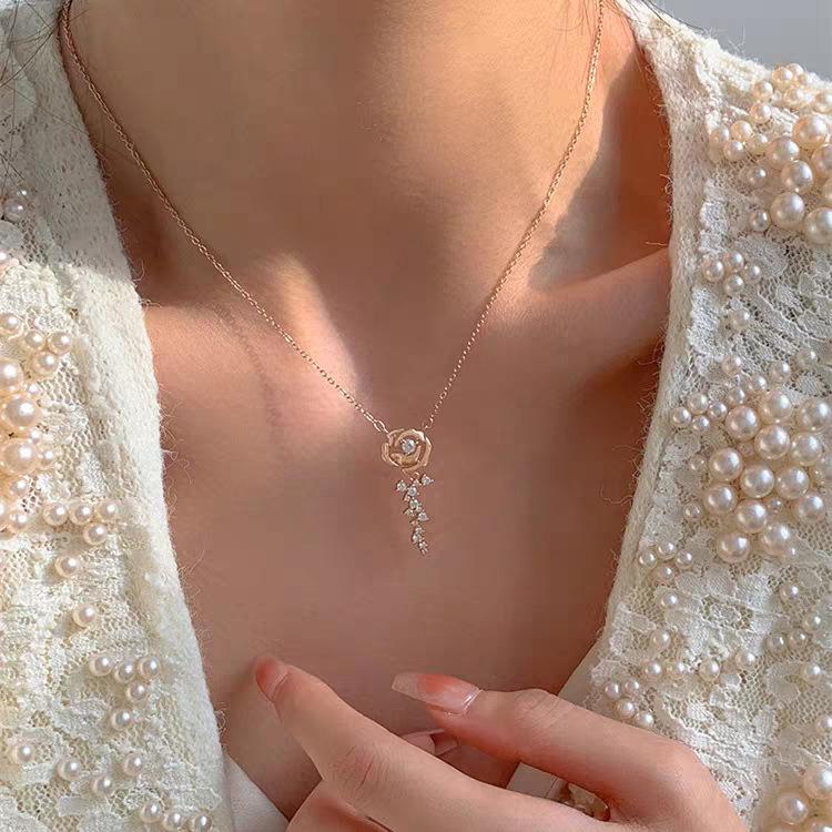 925 Sterling Silver Rose Flower Necklace - French Retro Korean Style Clavicle Chain 925 Silver розового золота