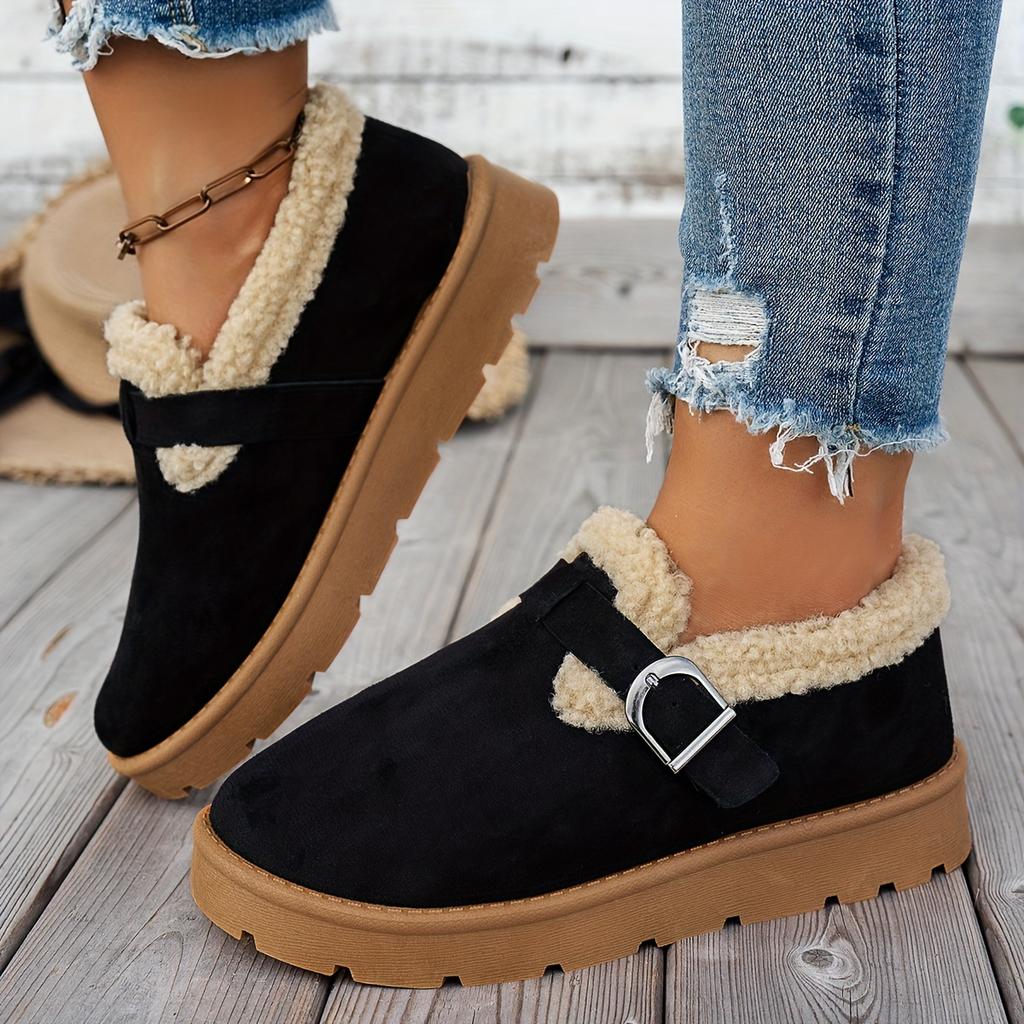 Cozy Fleece-Lined Ankle Boots - Women's Casual Mid Heel Platform Shoes - Round Toe Fabric Upper, Rubber Sole for Winter Warmth with Buckle Closure