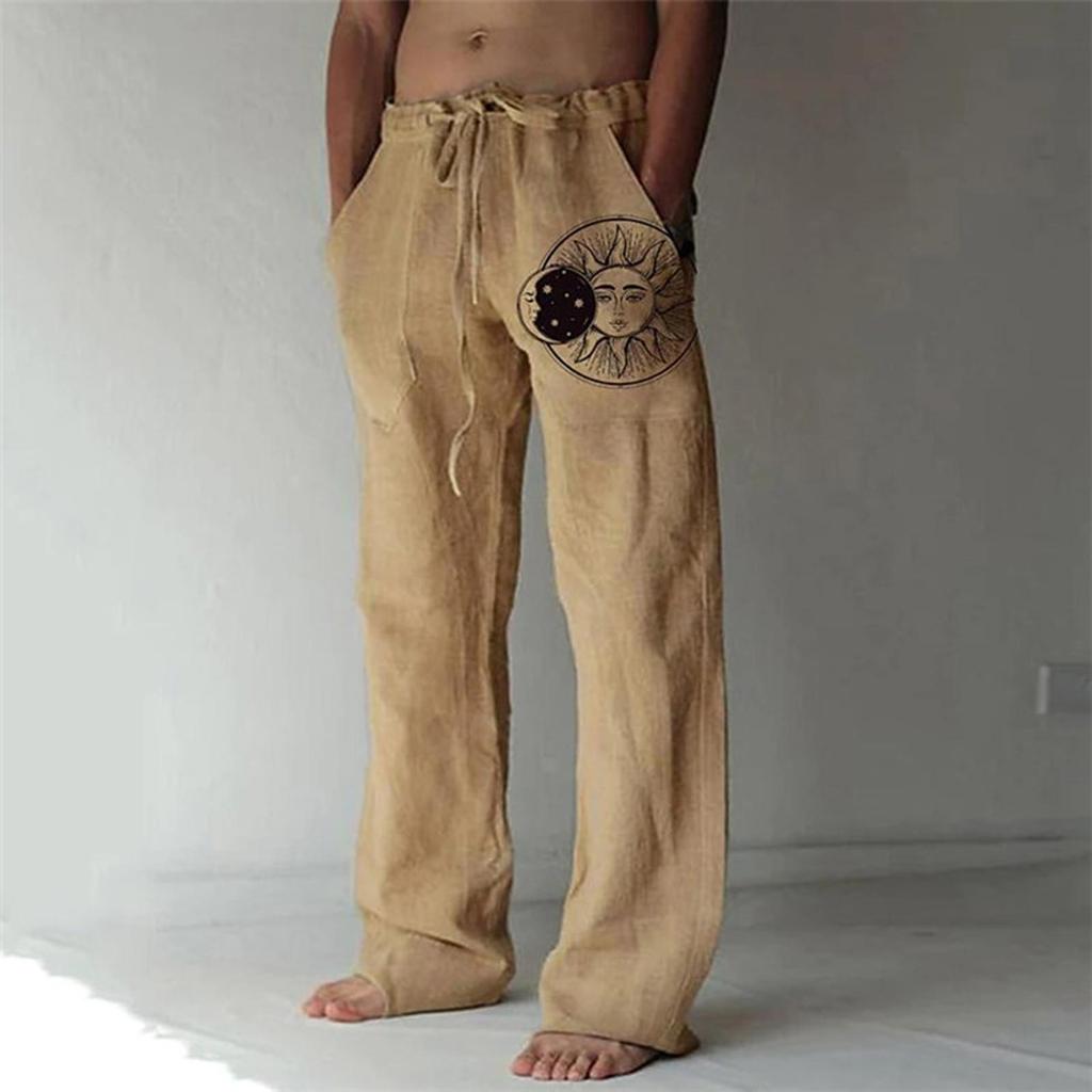 Men's Fashion Casual Loose Solid Color Comfortable Trousers Cotton Linen Printed Trousers