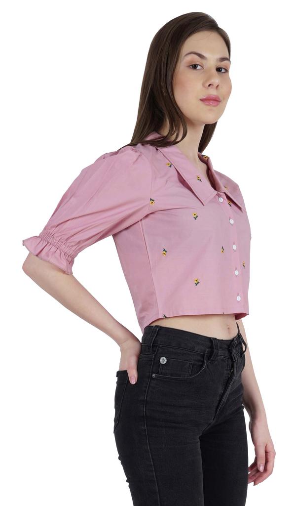 Moomaya Puff Sleeve Crop Top For Women Solid Button Down Collar Designer