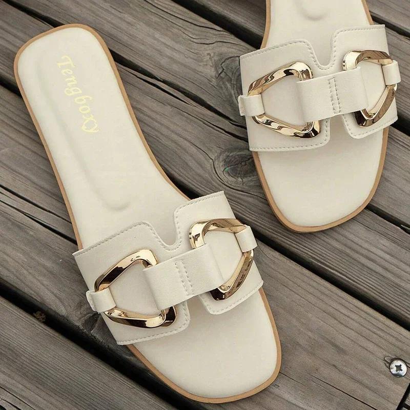 Women Metal Decor Single Flat Sandals Fashion Sexy Open Toe Outdoors Slides Luxurious Office Ladies Party Shoes