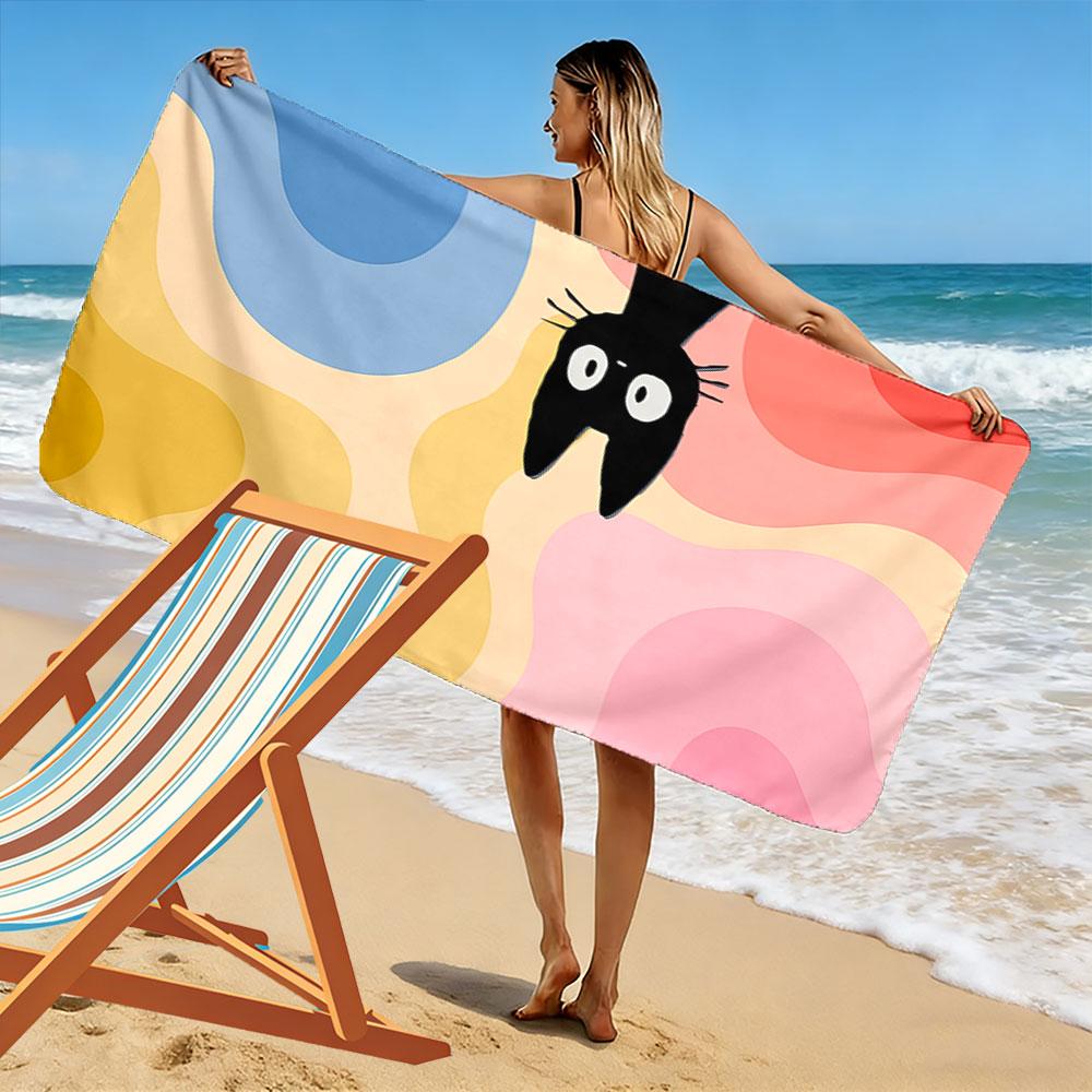 Black Cat on Colorful Waves A must-have beach towel for beach travel