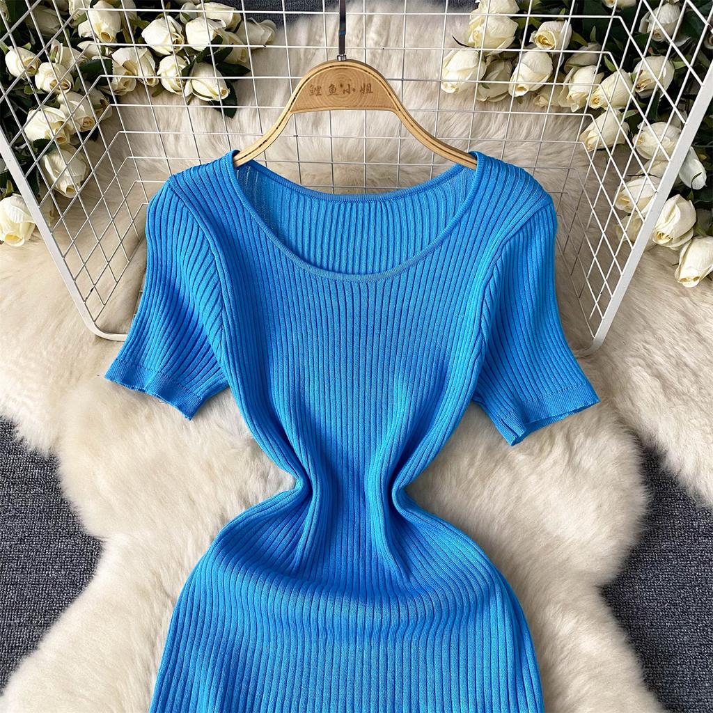 Suéter de punto de manga corta para mujer, vestido largo midi de malla con retazos, estilo dulce de verano
