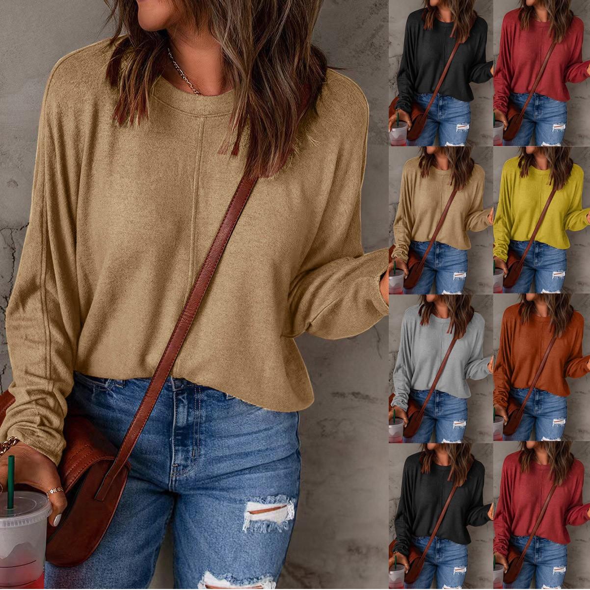 

Женская однотонная рубашка с круглым вырезом и длинными рукавами, рубашка-топ