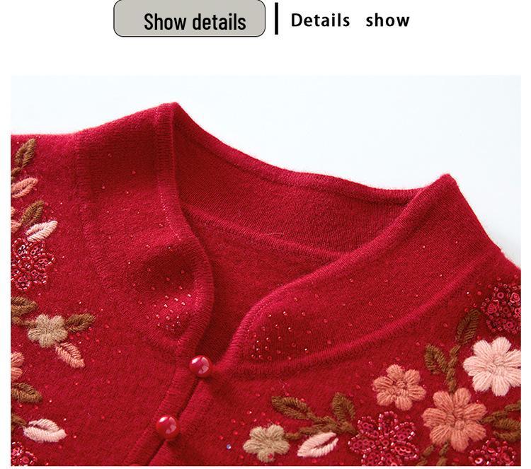 High-End Embroidered Cashmere Sweater for Women - Loose, Festive, Perfect for Middle-Aged and Elderly Moms, Pure Wool Base Layer