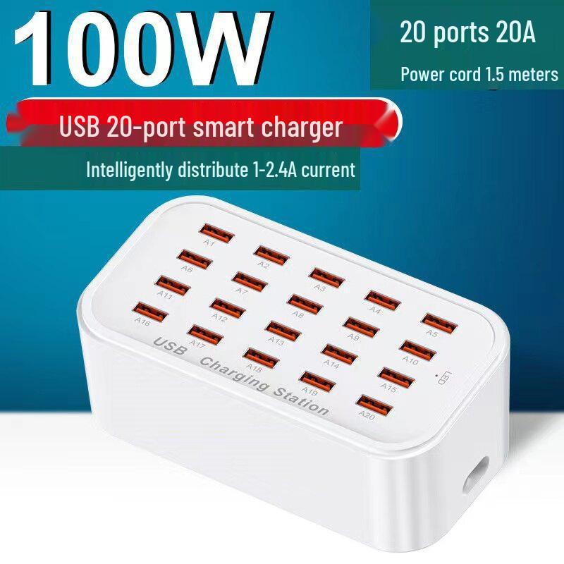 100W Multi-Port USB Charger, 12-Port and 20-Port Options for Simultaneous Phone Charging