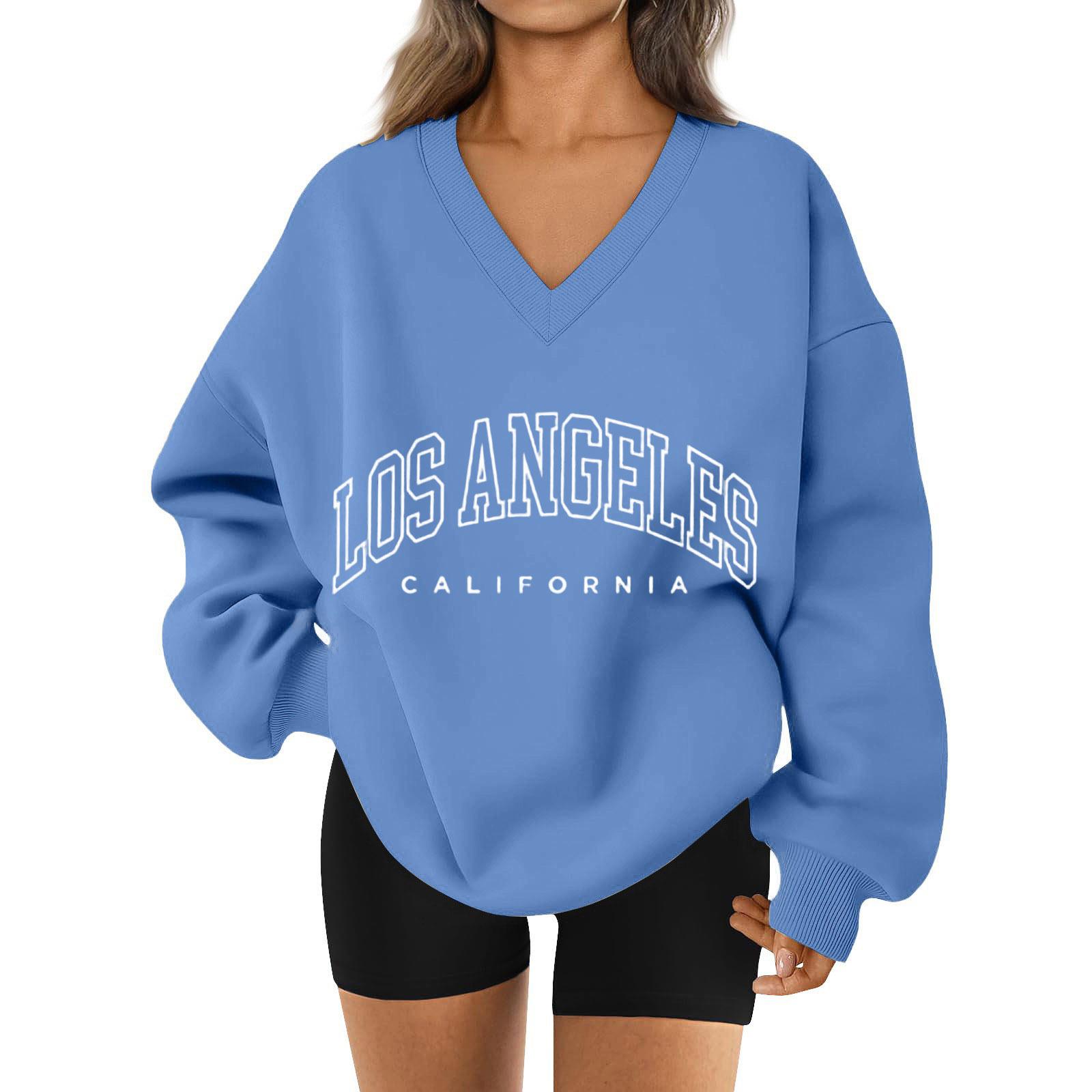 

Women s Loose And Comfortable Letter V-neck Sportswear Long-sleeved Sweatshirt Daily Matching Clothes XXXL синий