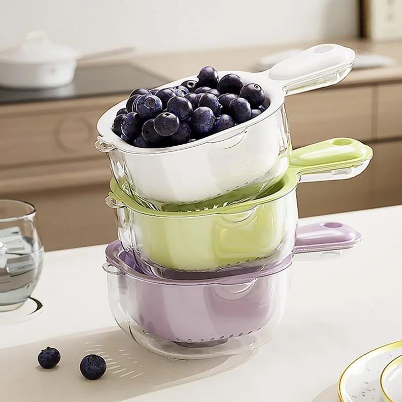 2 In 1 Rotatable Food Draining Basket with Handle Fruit Strainer Colander for Washing Berries Salad Vegetable BPA-free Durable