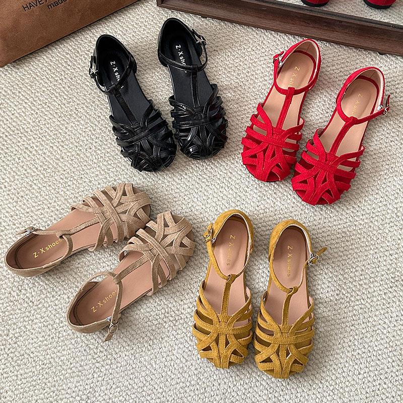 Fashion Retro Roman Sandals for Women, 2025 Summer New Round Toe Cutout Woven Single Shoes with Skirts