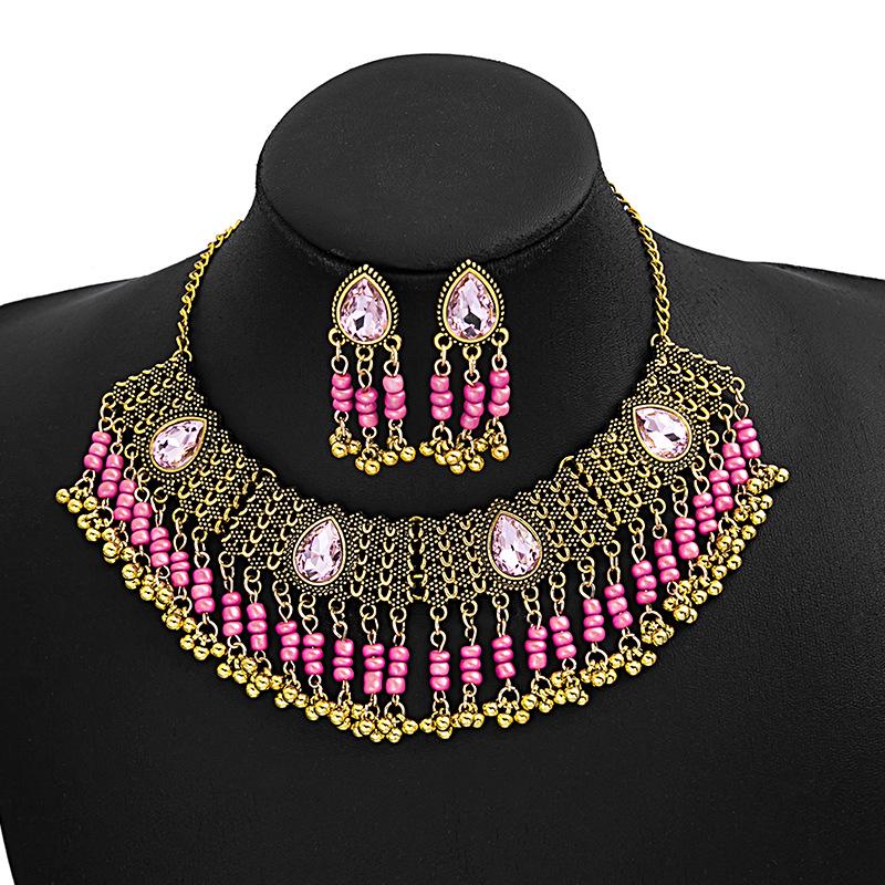 Bohemian Crystal Jewelry Set: Ethnic Tassel Necklace & Earring with Rhinestones