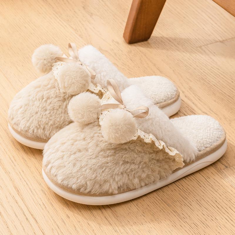 Thick-bottomed Cotton Slippers Women's Autumn and Winter Outdoor Wear Indoor Home Cute Girl Heart Bow Plush Slippers Women's Winter