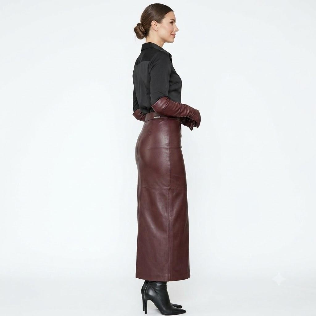 Gonna Elegante da Donna Bordo Lungo da Festa Pelle di Agnello Fatta a Mano Vera Vestibilità