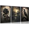 3Pcs Gothic Canvas Wall Art Black Rose Prints Dark College Style Wall Decor Woman And Crow Pictures Dark Botanical Painting for Living Room Dormitory