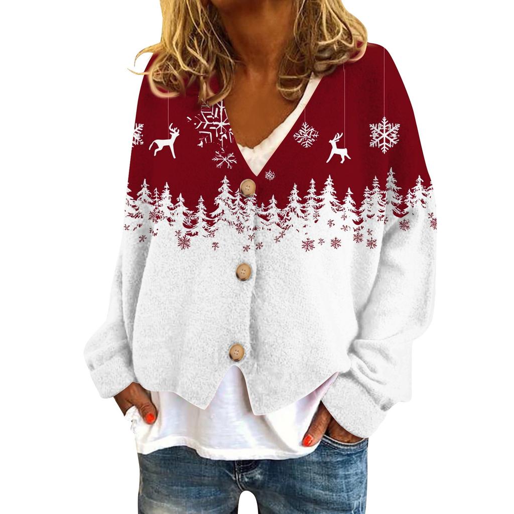 Women's Fashion Short Coat Casual Long Sleeve  Printed Single Breasted Plush Top