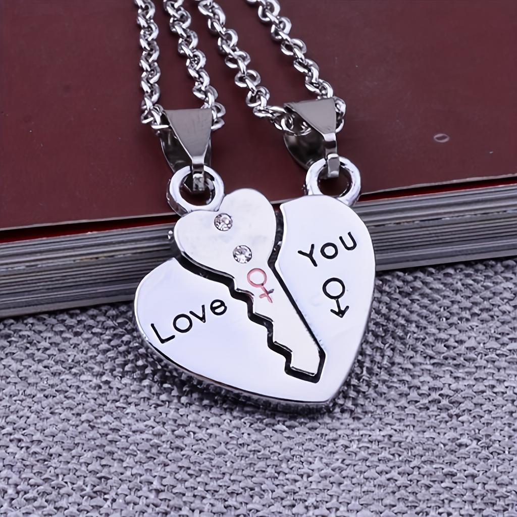 A Set of Two Minimalist Creative Heart-Shaped Key Pendants 'Love You' Couple Necklaces, Symbolizing Friendship, Commitment, And Love, Perfect As Fashi