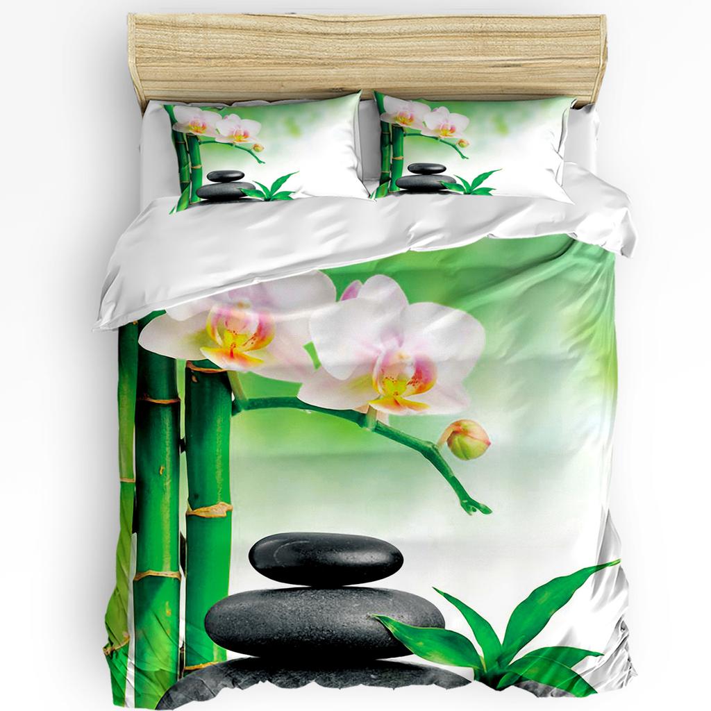 Zen Stones Orchids Flower Green Bamboo Duvet Cover With Pillow Case Custom 3pcs Bedding Set Quilt Cover Double Bed Home Textile