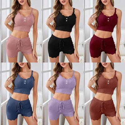 Casual Pajamas, Women's Lace Edge Camisole Shorts Set, Home Wear