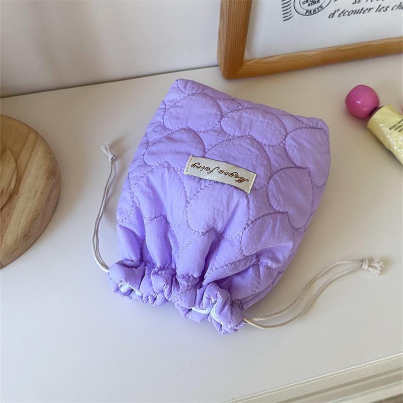 Korean Style Heart Quilted Drawstring Cosmetic Bag - Dustproof, Padded, Perfect for Travel.