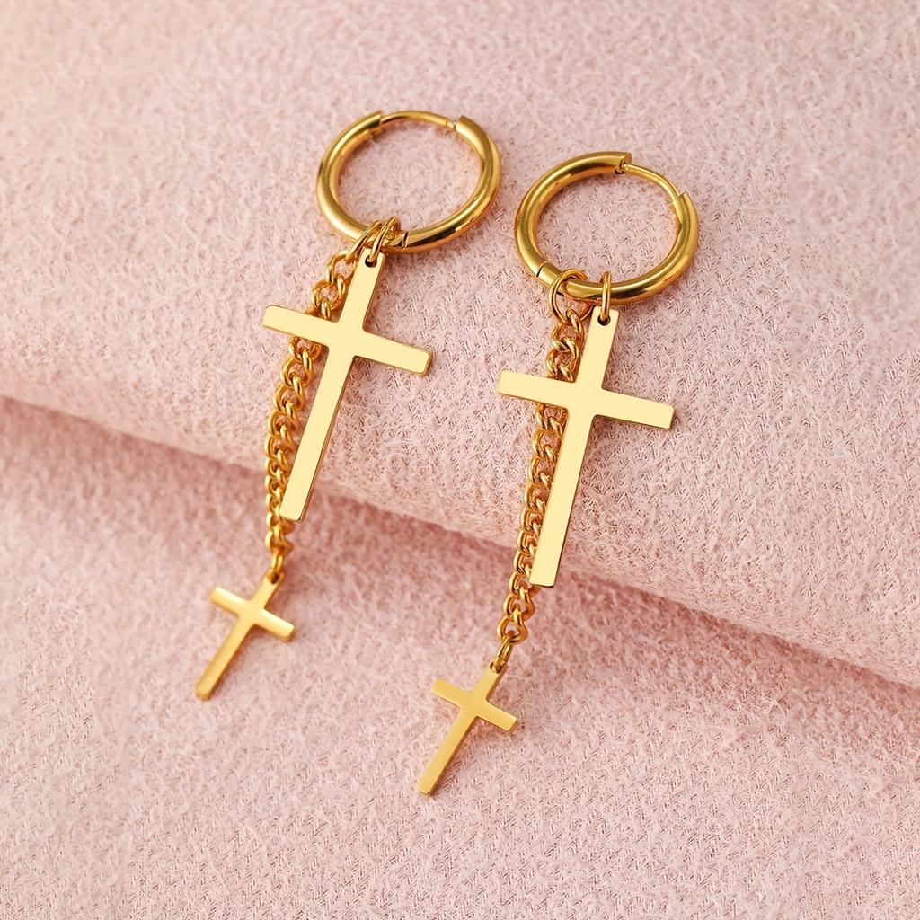 Punk Edelstahl Kreuz Anhänger Ohrringe Hip-Hop Gothic Stil in Silber oder Gold Perfektes Geschenk für Mode Ohrringe